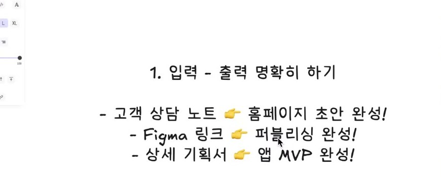 화이트보드 — "1. 입력 - 출력 명확히 하기" 아래에 고객 상담 노트 → 홈페이지 초안 완성!, Figma 링크 → 퍼블리싱 완성!, 상세 기획서 → 앱 MVP 완성!
