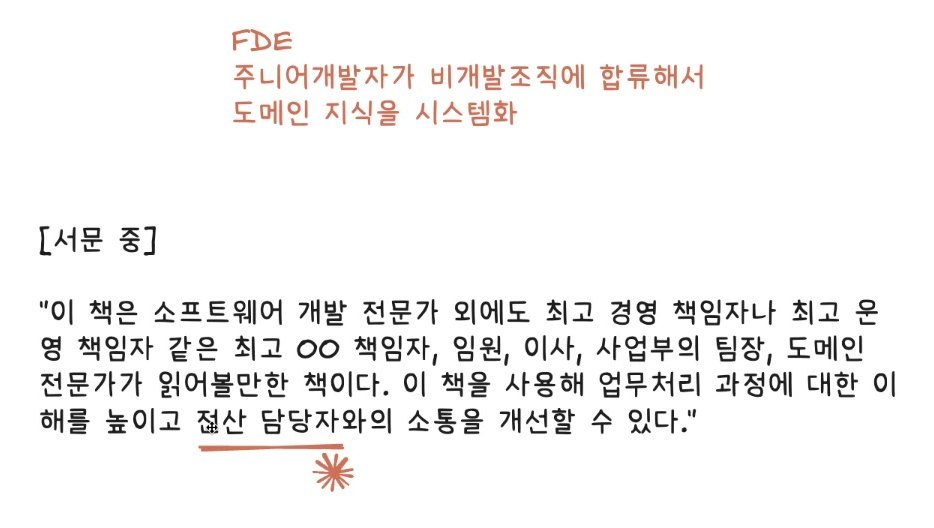 추천사 옆 필기 "FDE / 주니어 개발자가 비개발조직에 합류해서 도메인 지식을 시스템화"와 서문 인용, 인용의 "전산 담당자"에 밑줄과 별표