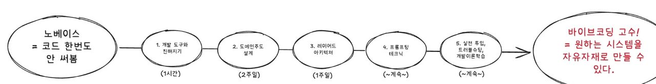 완성된 로드맵 화이트보드 — 노베이스(코드 한번도 안 써봄) → 1. 개발 도구와 친해지기(1시간) → 2. 도메인주도설계(2주) → 3. 레이어드 아키텍처(1주) → 4. 프롬프팅 테크닉(~계속~) → 5. 실전 투입, 트러블슈팅, 개발이론학습(~계속~) → 바이브코딩 고수