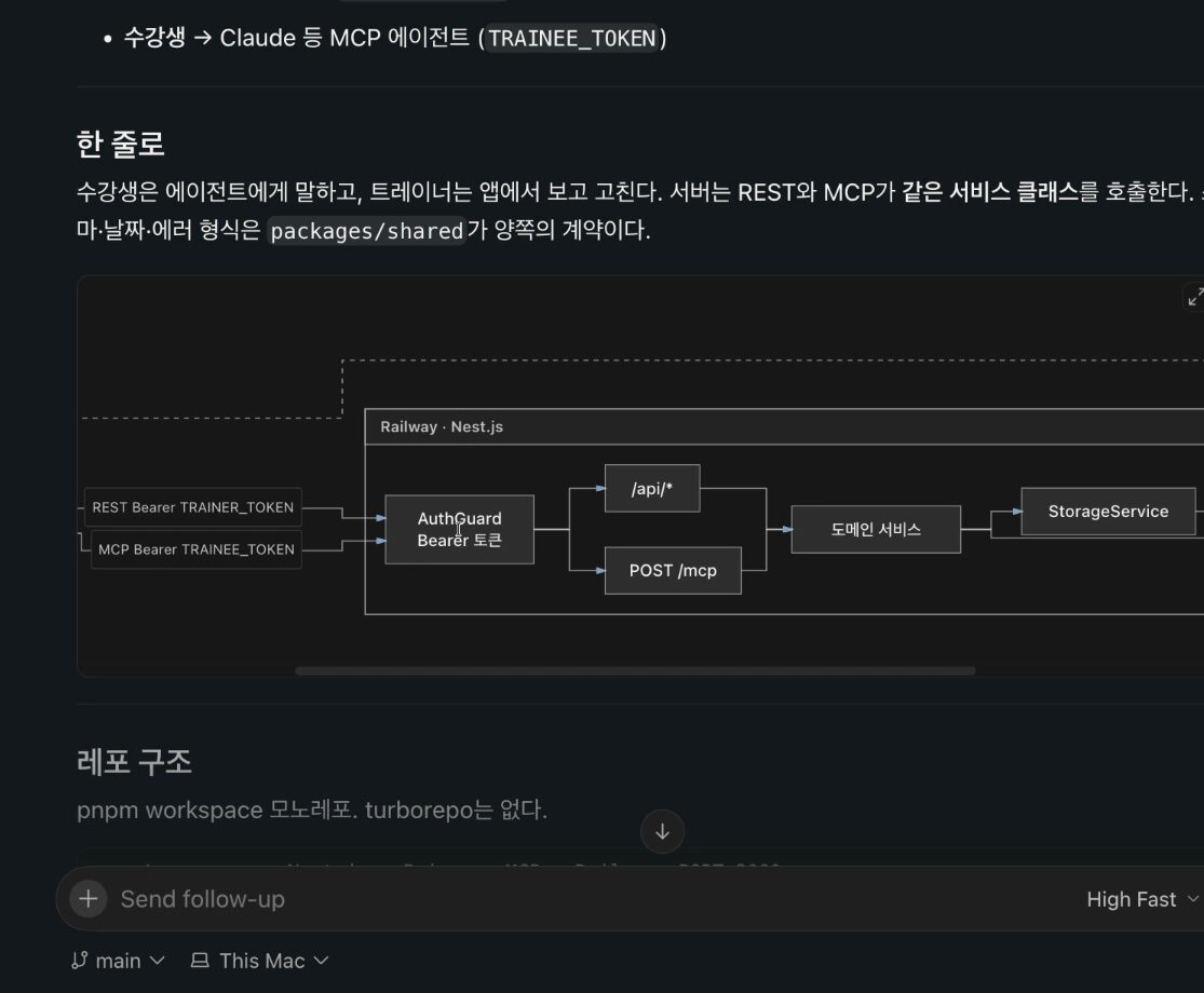 Cursor 답변 — "한 줄로" 요약 아래 트레이너 앱·수강생 에이전트가 AuthGuard를 거쳐 /api와 POST /mcp, 도메인 서비스, StorageService로 이어지는 mermaid 구조도